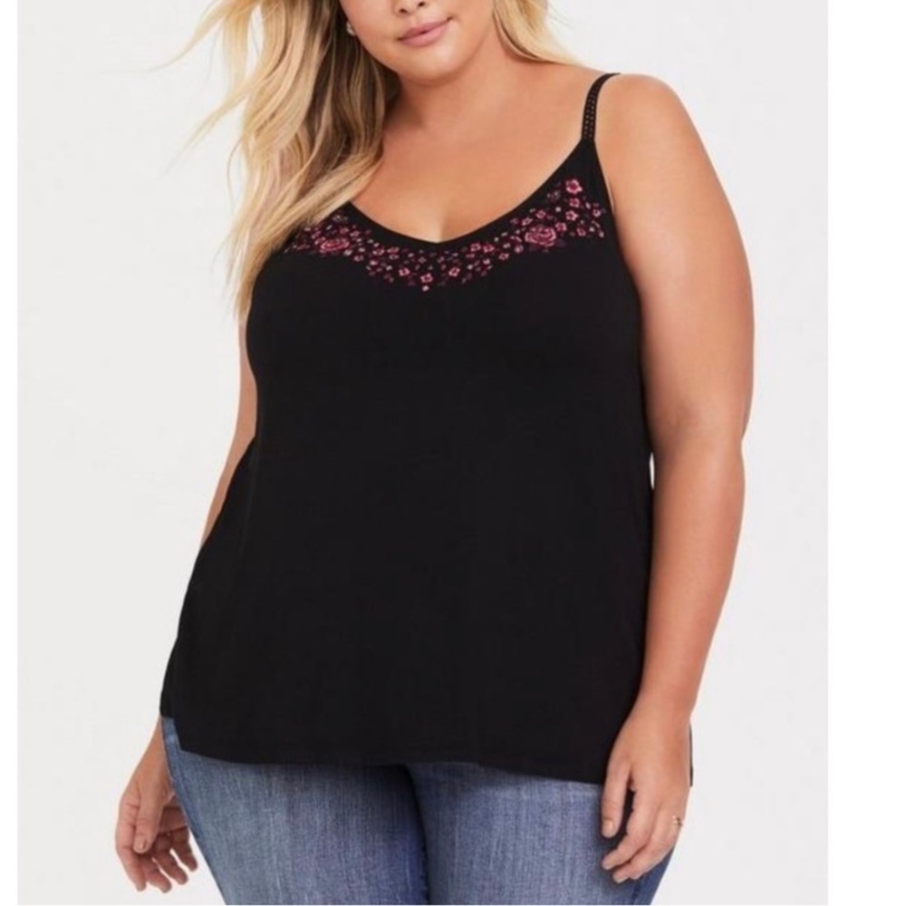 TORRID Cami Top Women's 5X Black Pink Floral Embroidered V-Neck Boho